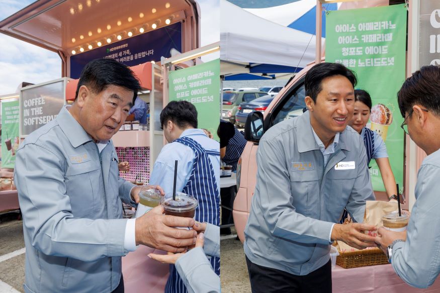 HD현대 권오갑 회장과 정기선 부회장이 24일(화) HD현대마린엔진 창원공장을 찾아 한 가족이 된 축하의 의미를 담아 직원들에게~.jpg